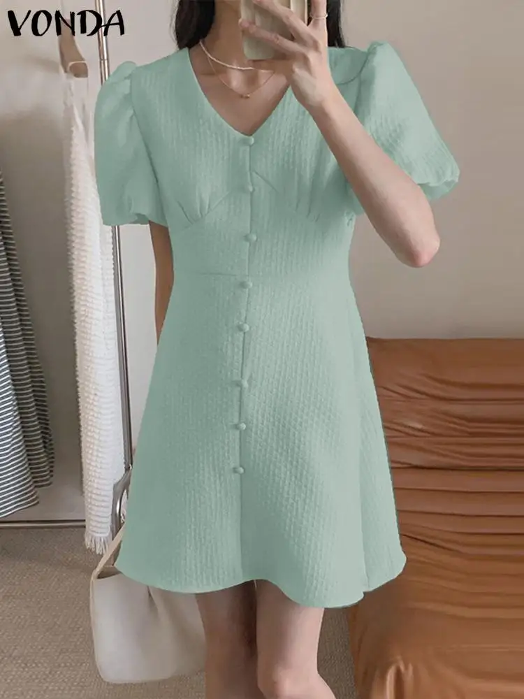 

Women Summer Sundress 2023 VONDA Fashion Sexy V-Neck Casual Solid Color Mini Dress Puff Short Sleeve Loose Vestidos Oversized