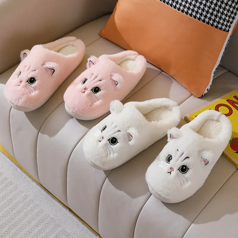 New Winter Women Lovely Cat Plush Slippers Warm Shoes Slides Cute Cartoon Cat Fuzzy Shoes Men Non-slip Home Cotton Slippers
