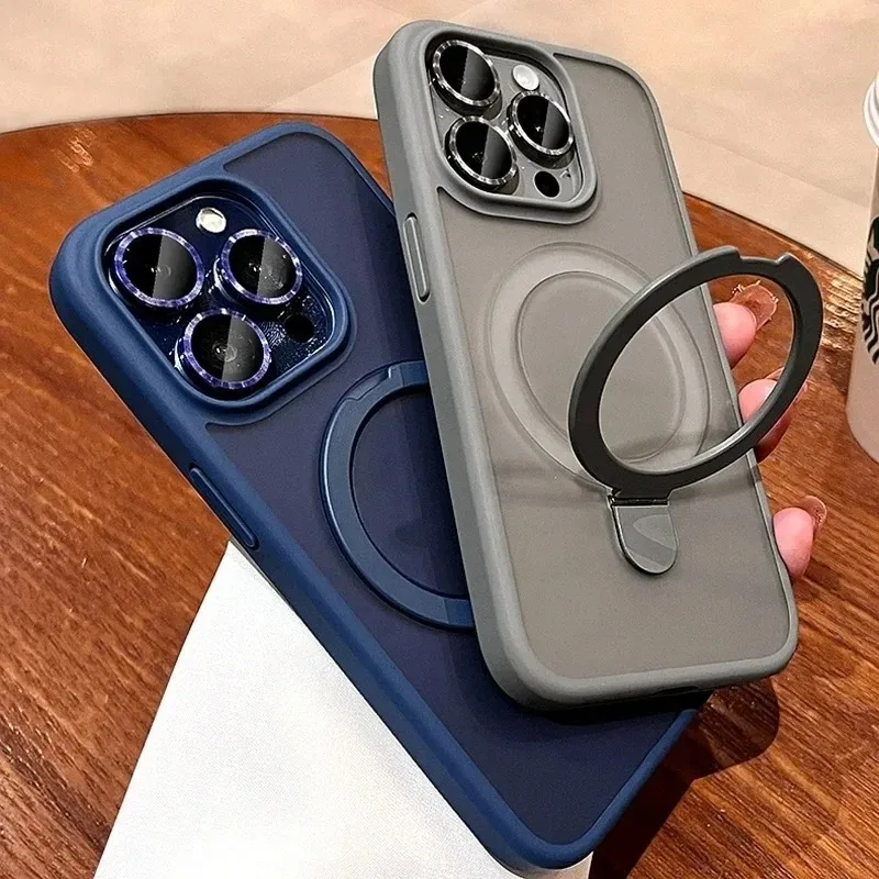 Matte Ring Holder Glass Lens Phone Case For iPhone 16 17 15 14 13 12 11 Pro Max For Magsafe Wireless Magnetic Hard Bumper Cover 5