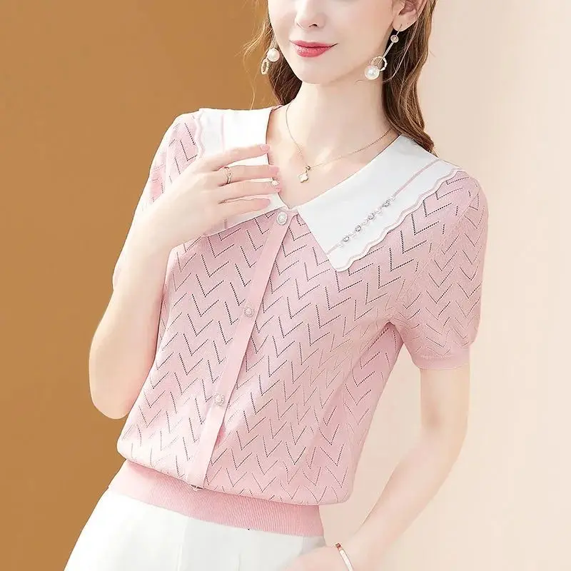 

2024 Women Polo Neck Sweet Solid Color Stripe Tees Grey Casual Women Summer Short Sleeve T-Shirts Slim and Versatile YC164