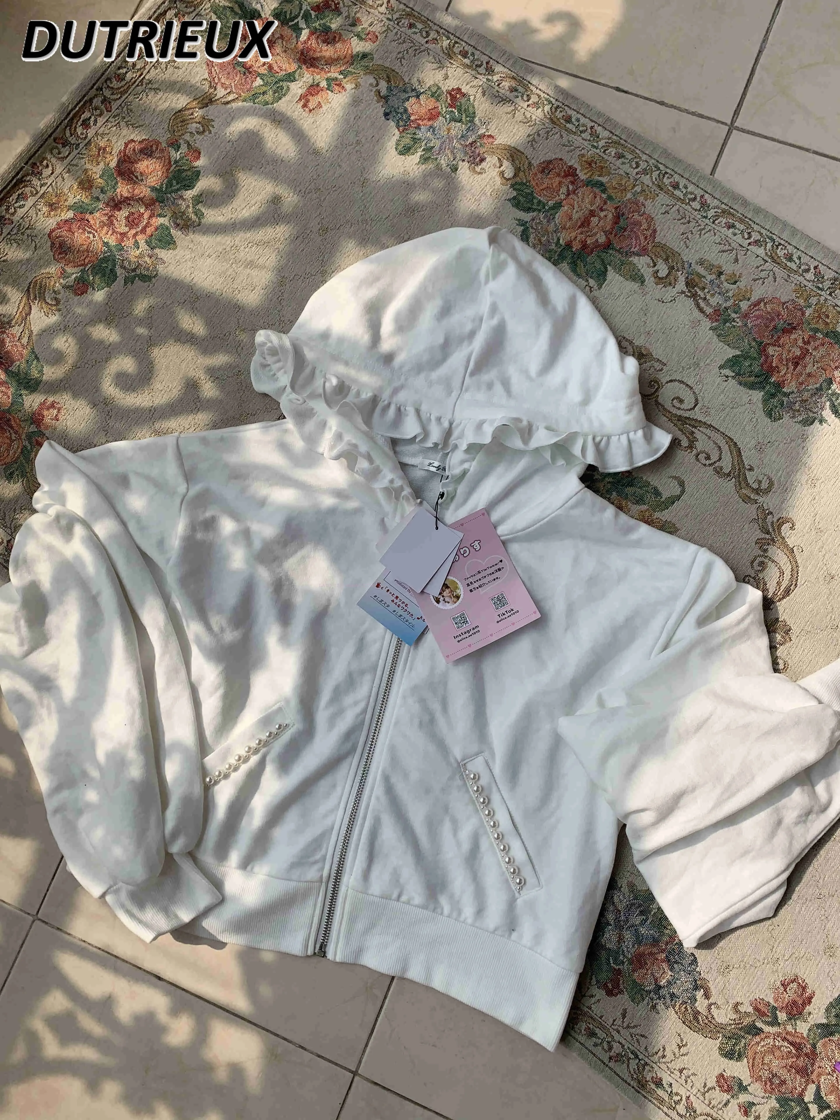 

Повседневная Толстовка в японском стиле серии Mine, милый кардиган с кружевными жемчужинами и карманами, модная весенне-осенняя Женская свободная куртка