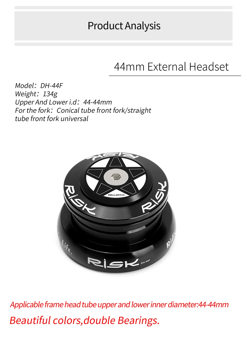 Description Picture 6 of itemRISK MTB Road Bicycle Headset 44mm 34/41/41.8/49.7/50.6/55/56mm for Bike 28.6mm 1 1/8 Straight 1.25-1.5" 1 1/4-1/2 Tapered Fork