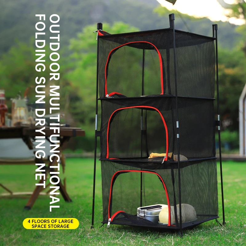 Outdoor Drying Rack 3-layer Folding Net Hanging Drying Net Multi-functional Folding Clothes Hanging Zipper Open Fishing