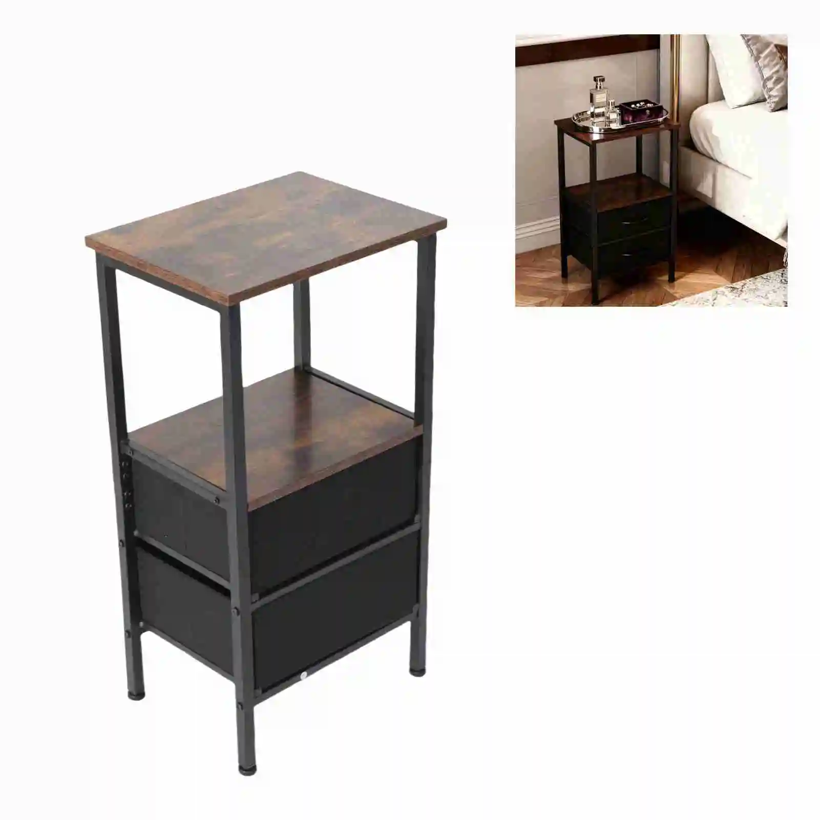 Night Stand for Bedroom MDF Carbon Steel Bedside Table with 2 Canvas Drawers for Living Room Dorm