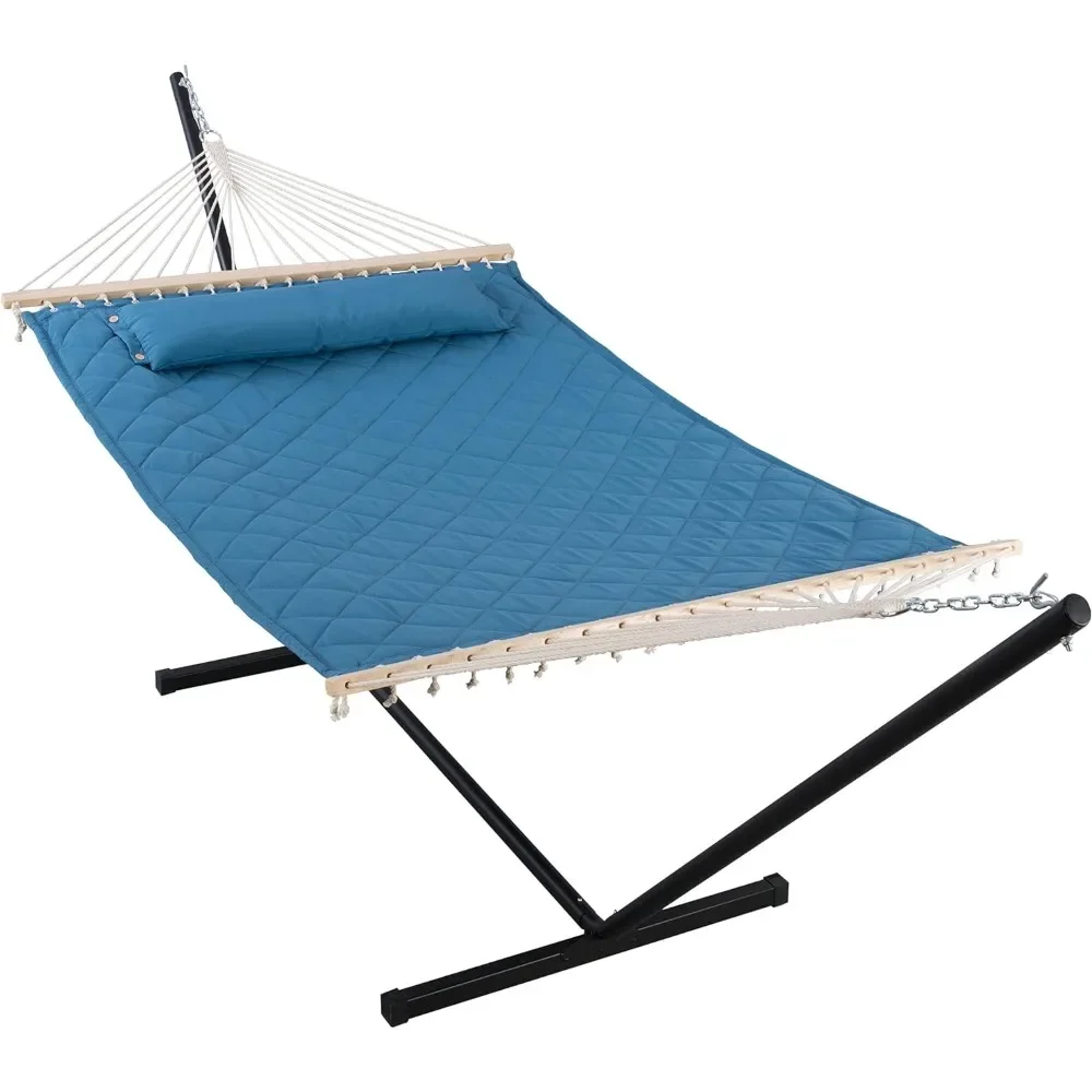 Double Hammock with 12 Feet Heavy Duty Steel Stand Combo,2 Person Quilted Hammock with Stand , 450 LBS Weight Capacity, Blue