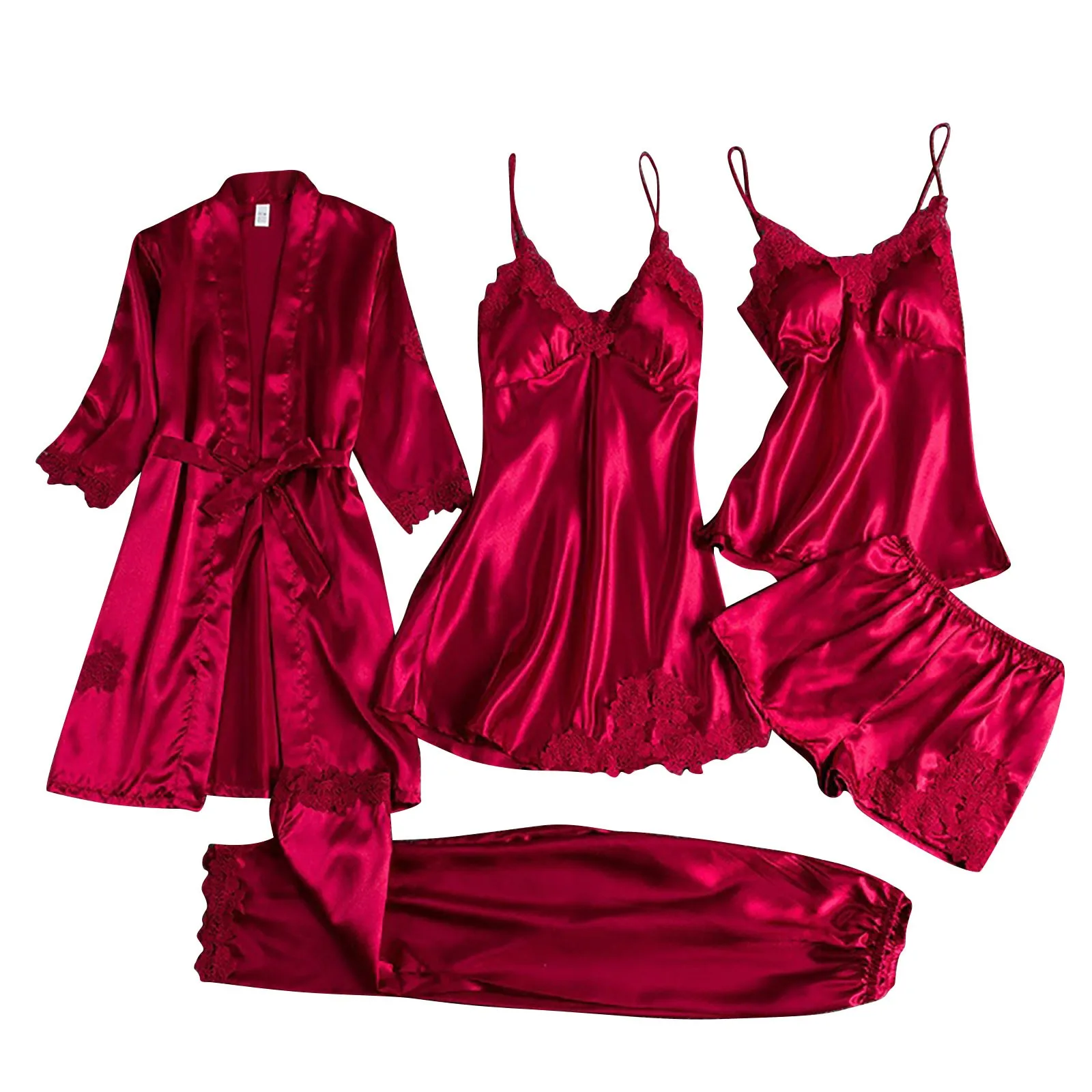 Women Pajamas Set Women Pajama Suit Ladies Satin Pajamas Set 5 Piece Pajamas Silk Like Lace Satin Short Set Ladies Night Gowns for Summer est Night Shirt