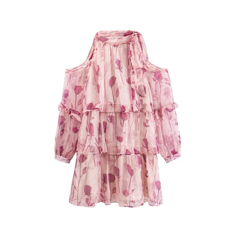 

Glossy Chiffon Dress for Women Hollow Out Shoulder Loose A-Line Mini Dresses Floral Print Long Sleeve Pink Layered Vestidos New