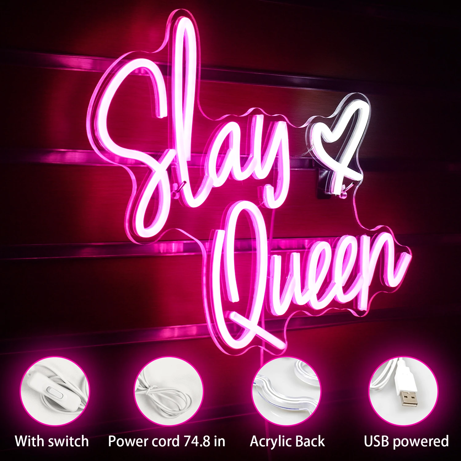 Slay Queen letrero de neón LED para decoración de pared de habitación, alimentado por USB, hecho a mano para fiesta, dormitorio, tienda de Club, decoración de sala de juegos, regalos de cumpleaños