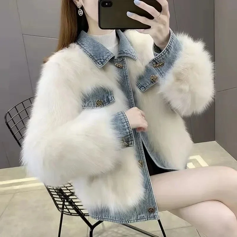 

Denim Patchwork Jacket Women's 2023 Winter New Lapel Imitation Faxu Fox Fur Coat Warmth Outwear