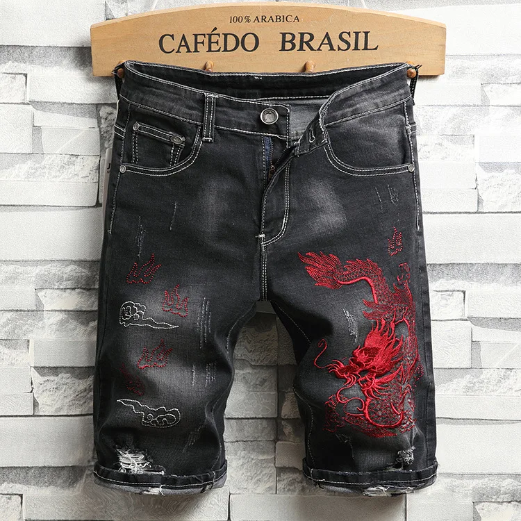 Men's Summer Fashion Punk Embroidered Pattern Mid-Waist Denim Shorts
