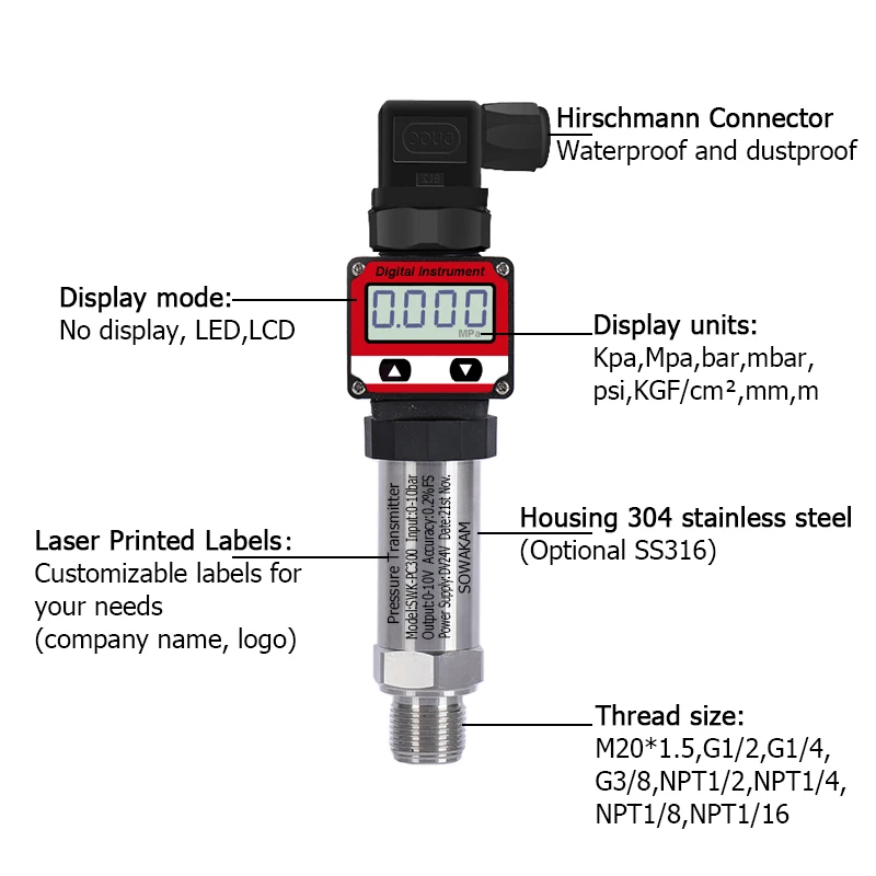 LCD Pressure Transmitter Water Air Oil Liquid Pressure Sensor 4-20mA 0-5V 10V RS485 Positive Negative Vacuum Transducer
