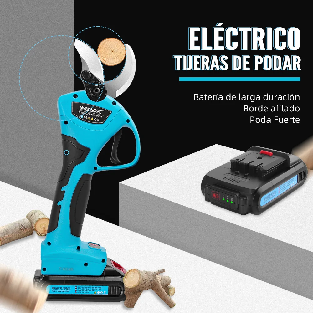 Tijeras de podar eléctricas de 21 V, podadora de árbol inalámbrica,  cortador de ramas, tijeras de jardinería con 2 unidades de batería  recargable y