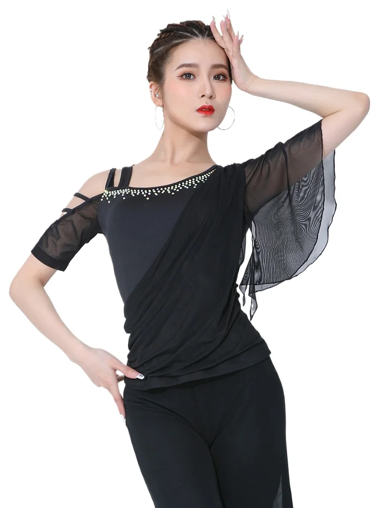 

2024 Latin Dance Clothes Top Women's Summer New Short-sleeved Dance Clothes Professional Practice Clothes Modern Dance Top 2408