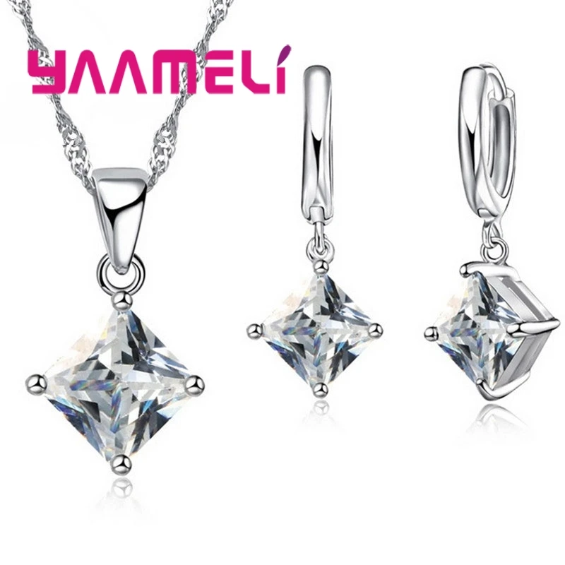 925 Sterling Silver Women Accessories Earrings Jewelry Set Square Shinny CZ Necklace