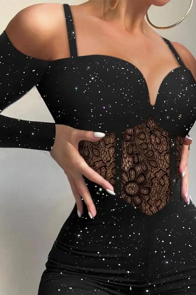European and American black lace hollowed out sexy fashion jumpsuit with shining highlights, knitted fabric long sleeved jumpsui