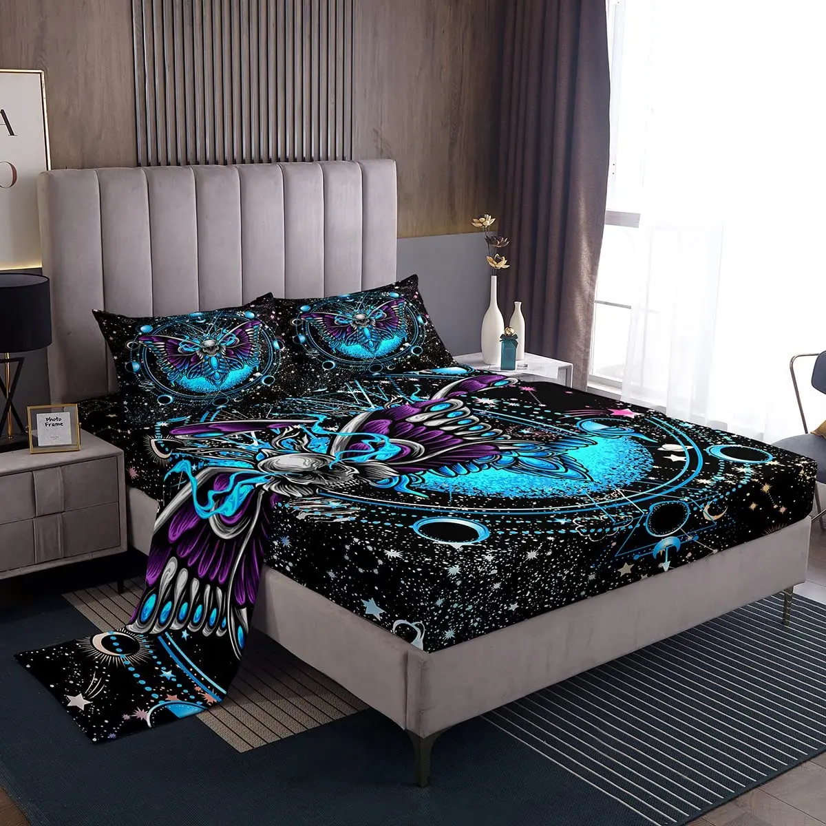 

Boho Moth Bedding Set,Black White Sun Moon Celestial Bed Sheet Galaxy Stars Sheet Set for Teen Aldult,Gothic Skull Fitted Sheet