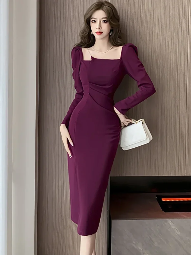 

Autumn Winter Purple Long Sleeve Bodycon Prom Dress Women Solid Elegant Chain Square Collar Dress 2024 Korean Luxury Party Dress