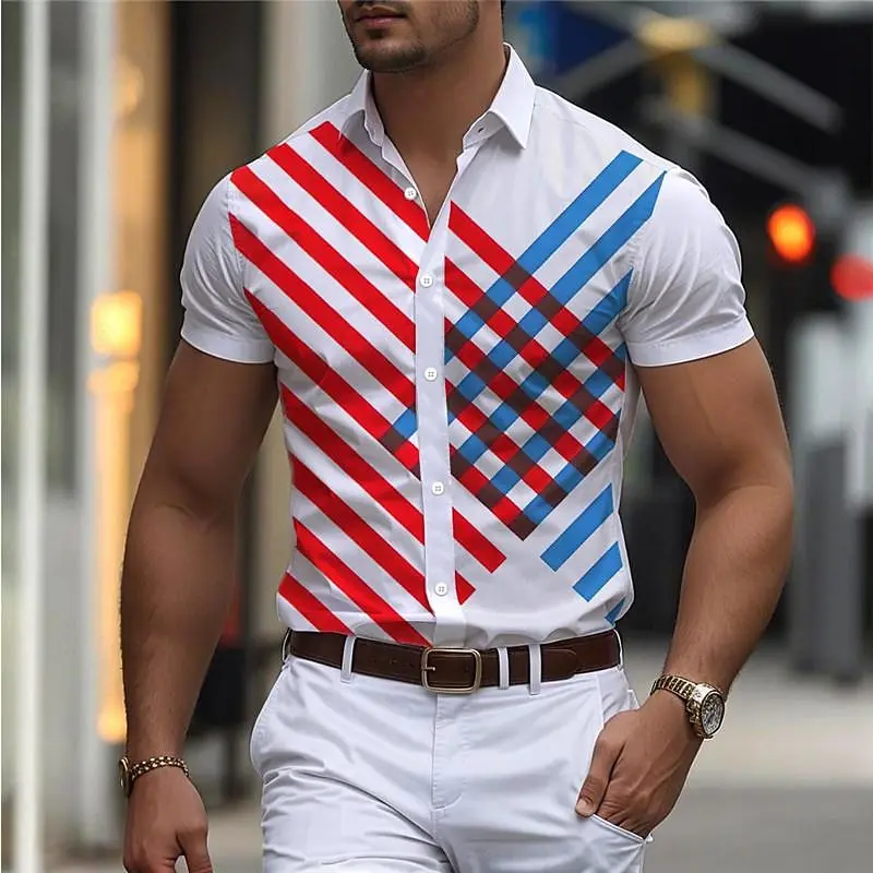 

Geometric striped business casual men's printed shirt outdoor street work summer loose short-sleeved four-way stretch fabric