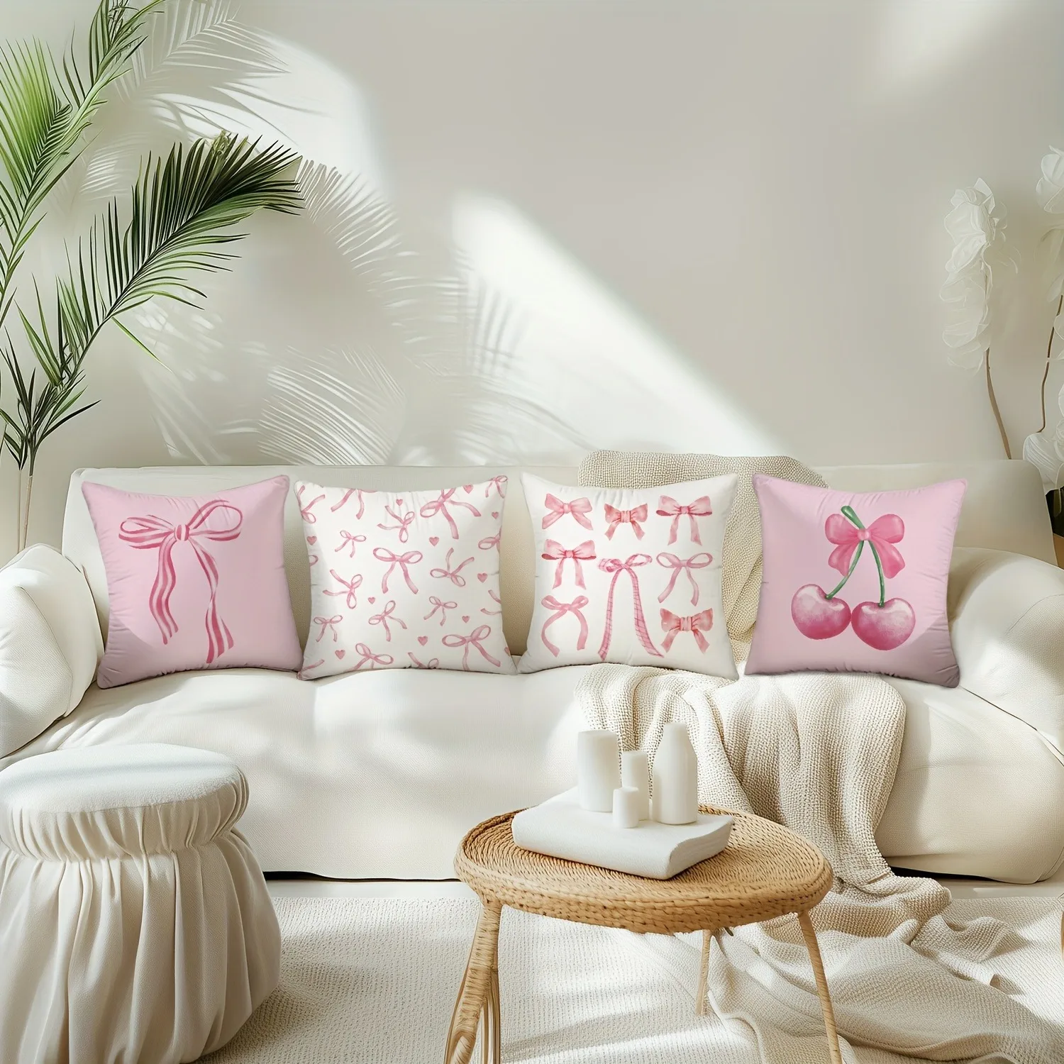 Pink bow cherry pattern printed pillowcase, soft and comfortable, sofa cushion cover, suitable for all kinds of rooms and places 2