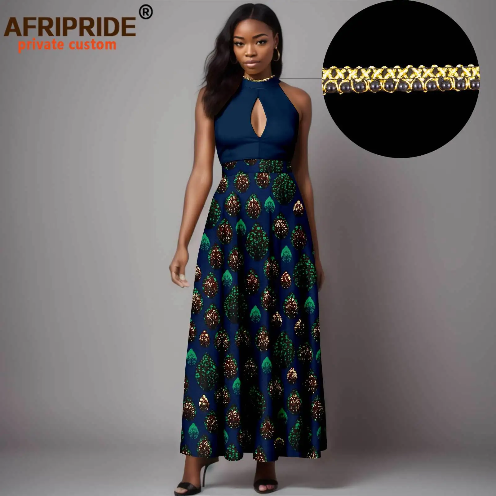 African Dresses for Women Sleeveless O-neck High Waist Ankara Attire Maxi Dress Traditional Clothes Print Outfits A2325011