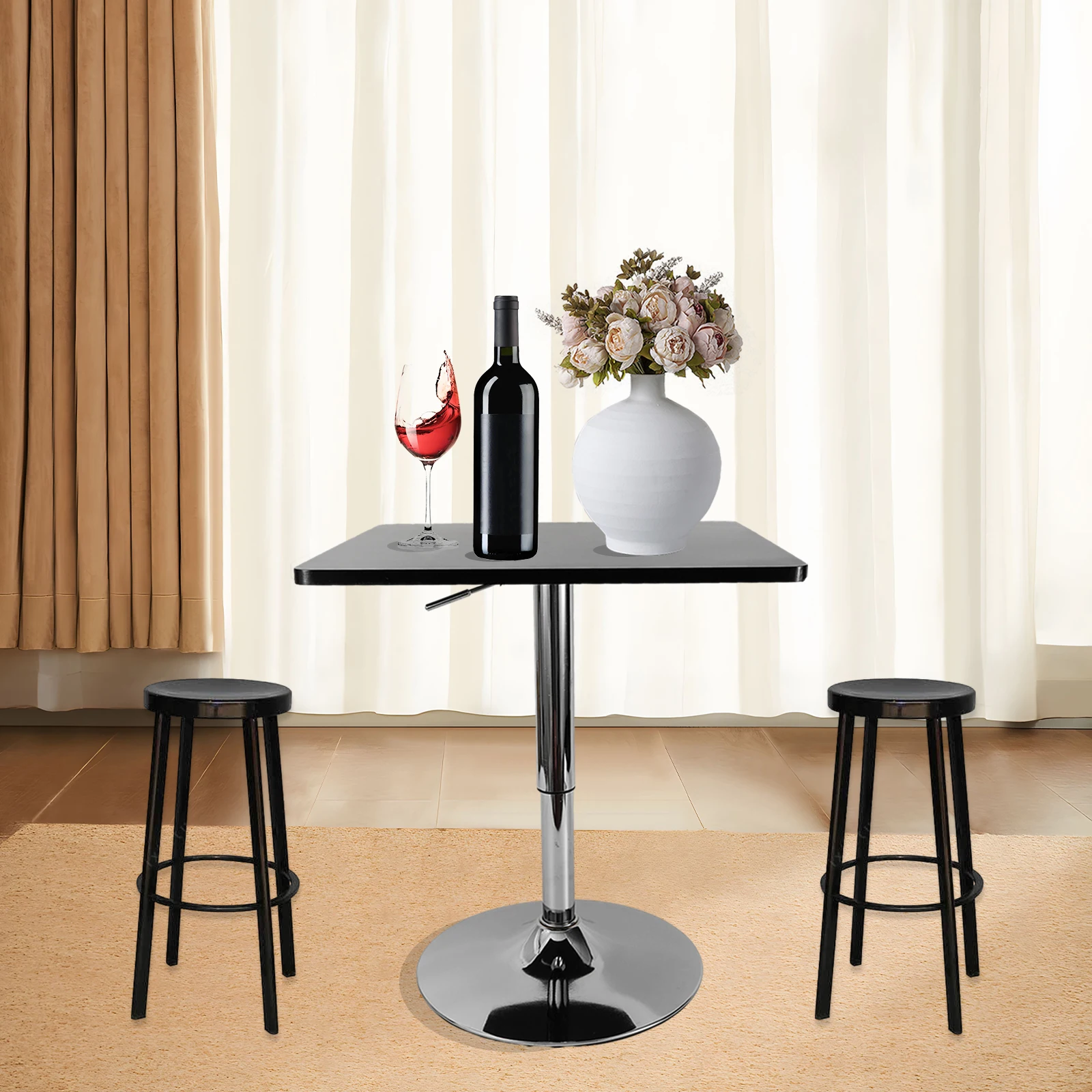 Bar Table，23.6" Square Pub Table Adjustable Height 360° Swivel Black Tall Cocktail Tables MDF&Stainless Steel Dining Table images - 6