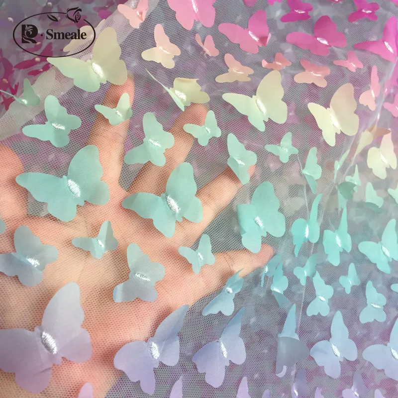 Vibrant Rainbow Butterfly 3D Applique Lace Fabric – Multicolor with Gradient Floral Design for Children's Clothing and DIY Projects