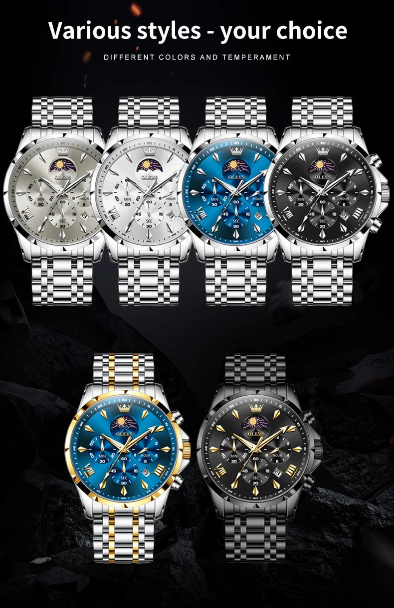 OLEVS 3653 Moon Phase Men Watch Luxury Brand Quartz Watch Fashion Original Waterproof Luminous 24-hour Automatic Date Men Watch