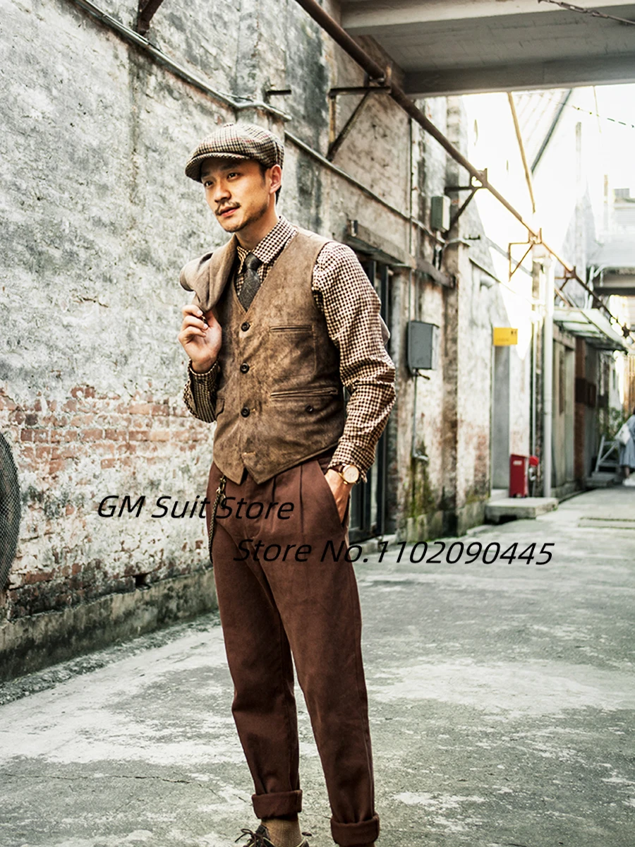 Men's Formal Vest Retro Corduroy Four Buckles Waistcoat Slim Fit Fashion Leisure Vest Costume 2022 Homme For Wedding 5