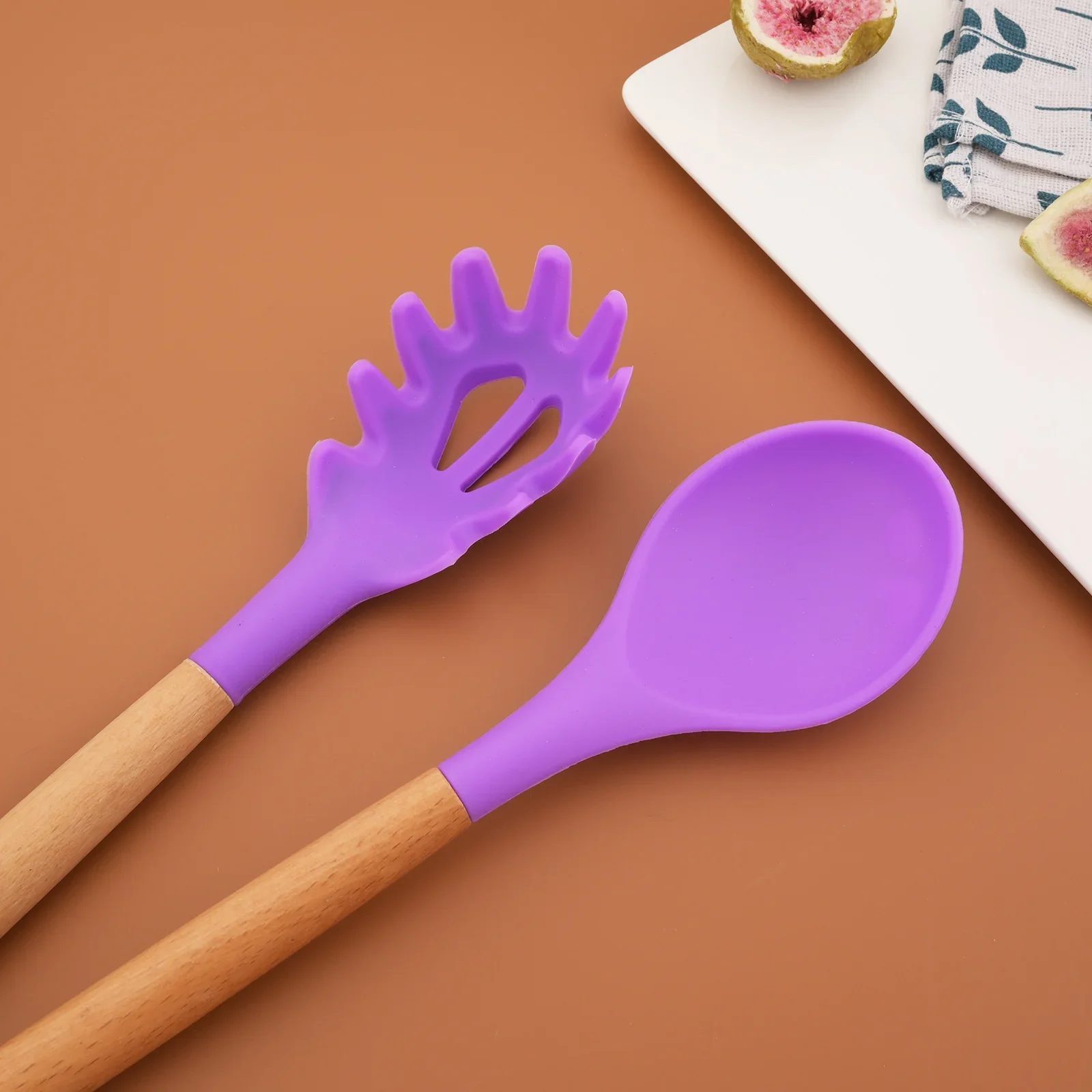 Purple Home Kitchen Silicone Cooking Utensils Set Non-stick Spatula Wooden Handle Heat Resistant Kitchenware Tools Accessories