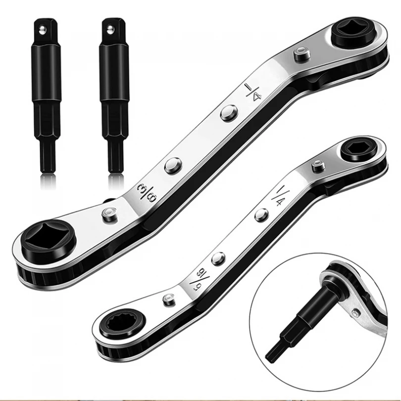 

2pcs 1/4 Inch 3/8 Inch 3/16 Inch 5/16 Inch Double Head Ratchet Wrench Kit for Air Conditioning Refrigeration Repair 2 Adapter