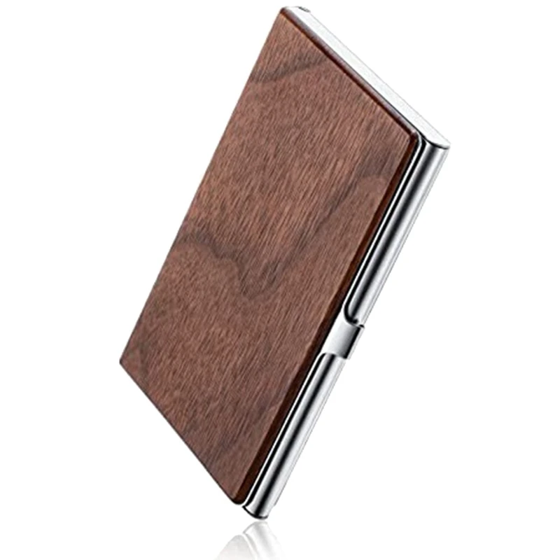 Wooden Business Card Holder Slim Fit Walnut Wood And Stainless Steel Office Business