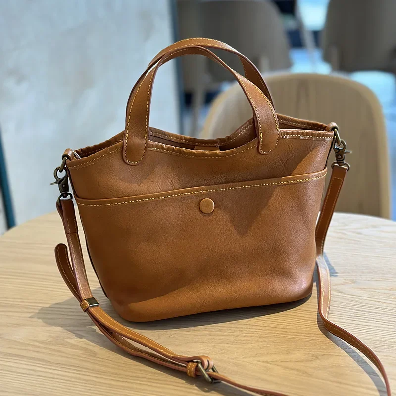 

Vintage Leather Handbag Women's Vegetable Tanned Cow Leather Basket Bag Multi-layer Shoulder Crossbody Purses And Handbags