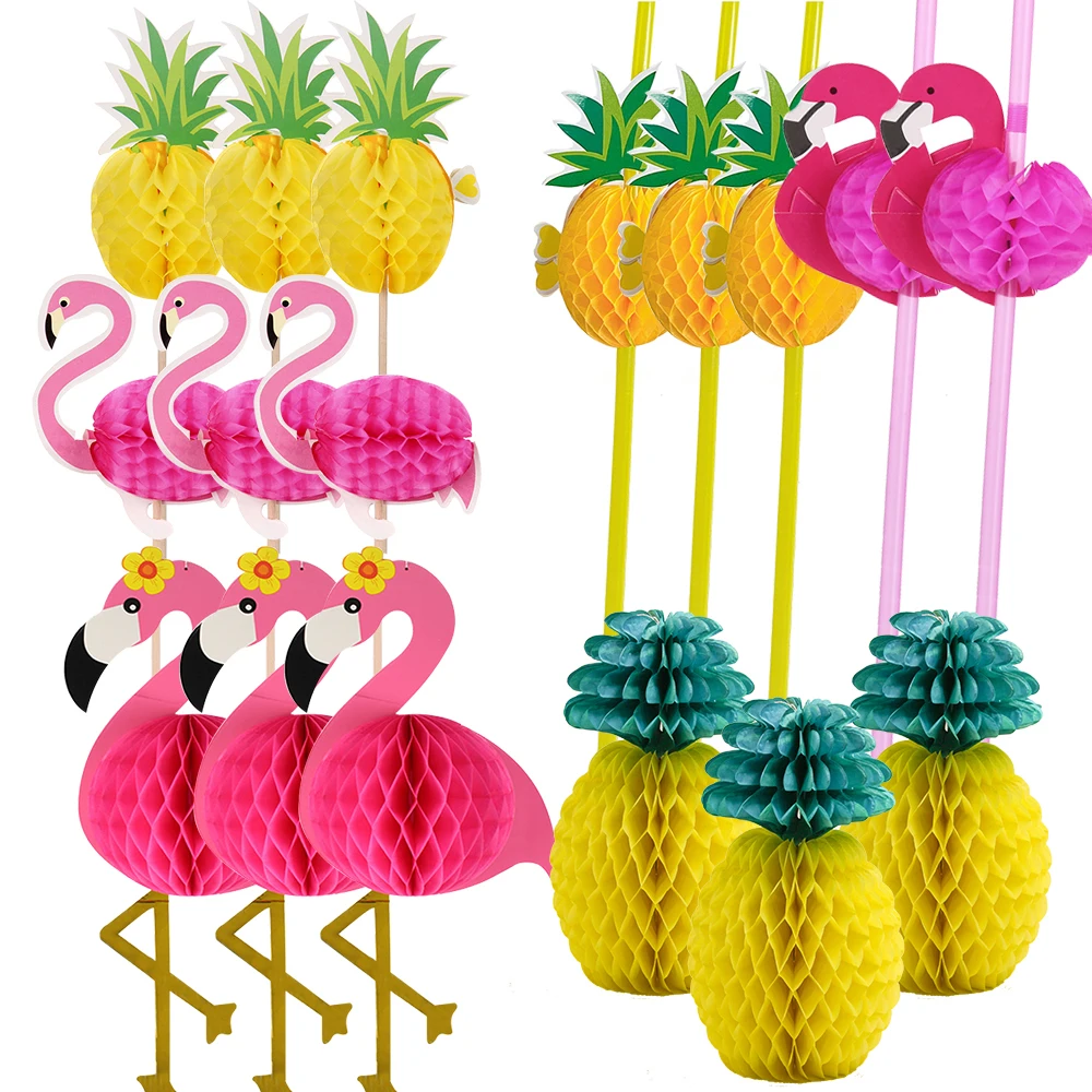 1Set Pineapple Flamingo Honeycomb Paper Straws Cake Toppers Kids Birhtday Party Decoration Summer Pool Party Hainging Ornament