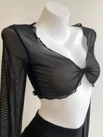 Haut court en dentelle vintage pour femmes, maille transparente, manches courtes, t-shirts à col en V, vêtements floraux à lacets, cardigans sexy 1