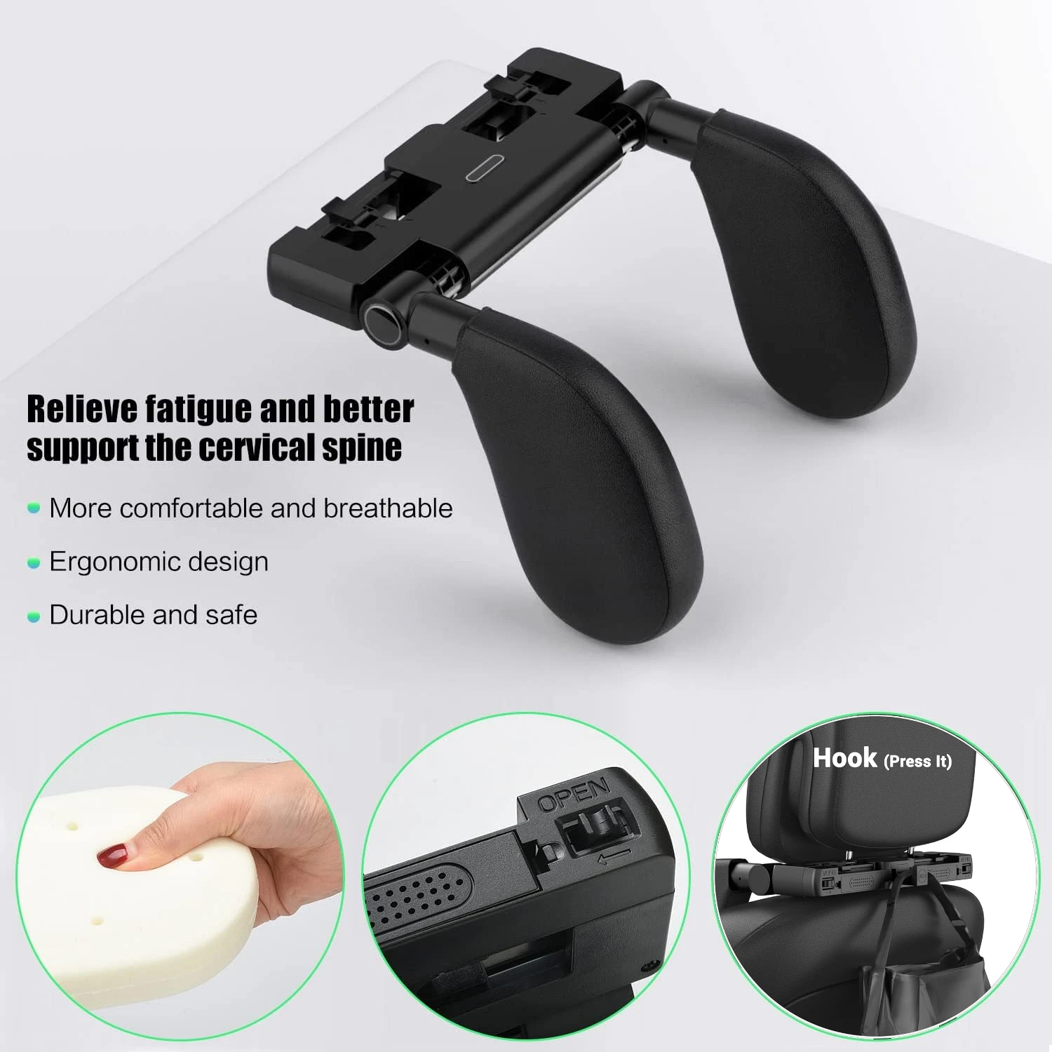 Car Headrest, Universal 360&deg; Adjustable, Auto Cervical, with Memory Foam & Side Pads, Ergonomic One-Click, for BMW Benz