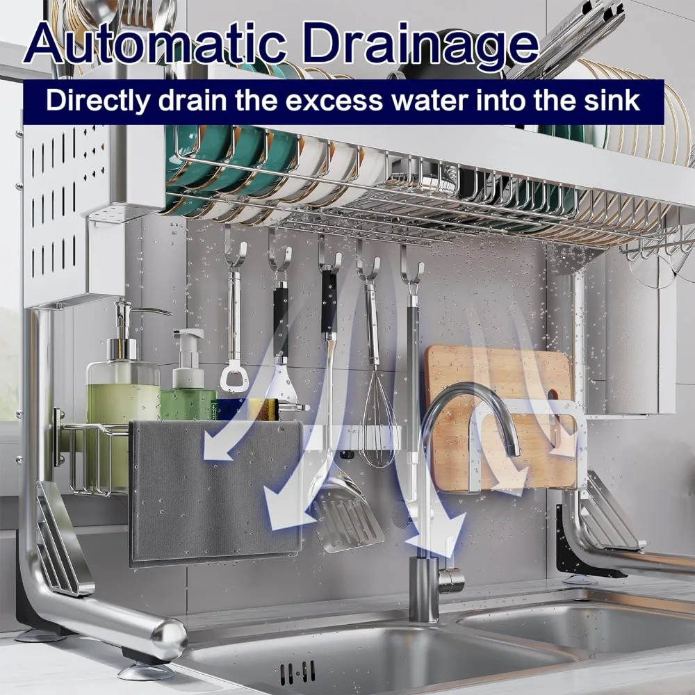 Over The Sink Dish Drainer Drying Rack, 2-Tier Over Sink Dish Drying Rack Stainless Steel Adjustable  Dish Drying Rack Over 3