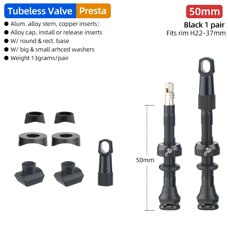 Tubeless Tire Valve for Carbon Rims with Detachable Brass Core and Cap - Multiple Sizes Available