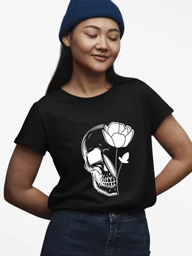 Camiseta Feminia T-shirt Básica Estampa Caveira E Flor