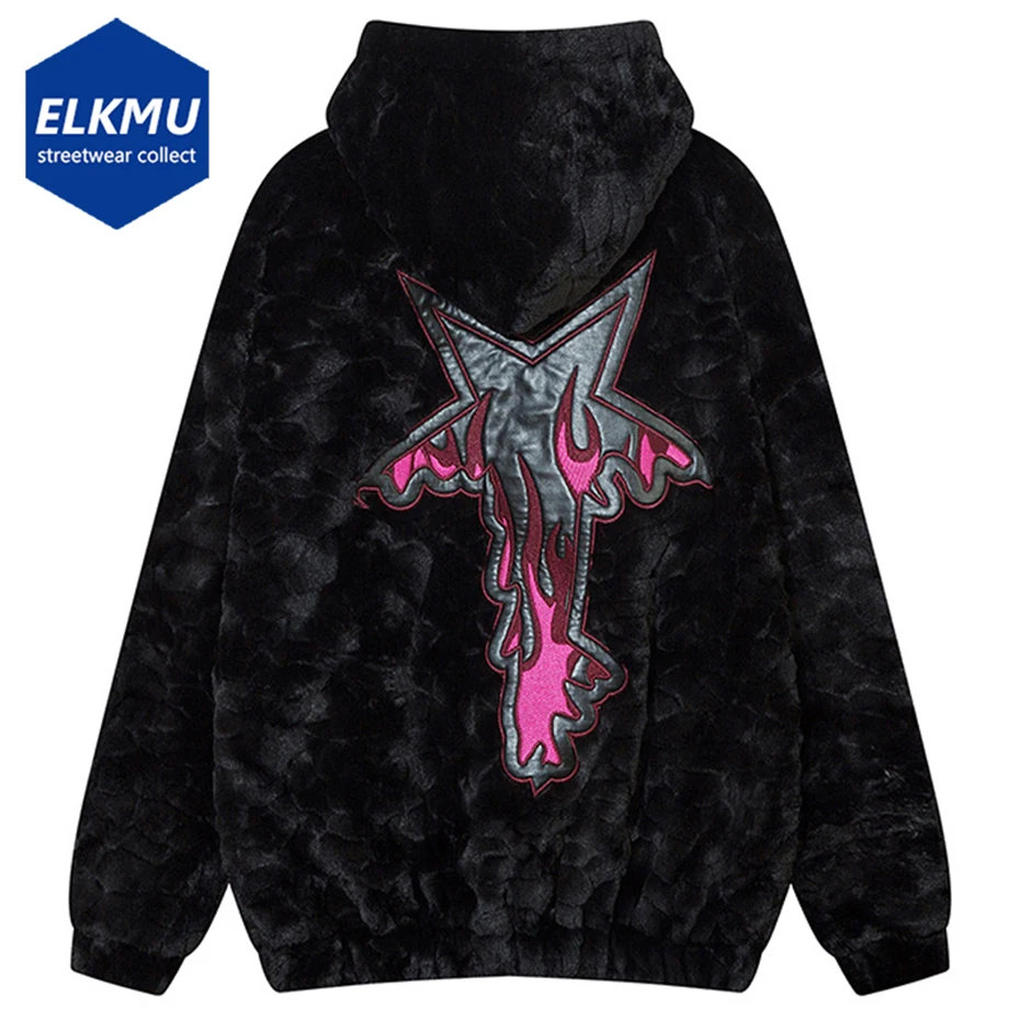 

Men Winter Plush Jackets Fleece Fuzzy Coat Thicken Warm Parkas Hip Hop Streetwear Black Hooded Outwear Star Splicing Jacket Coat