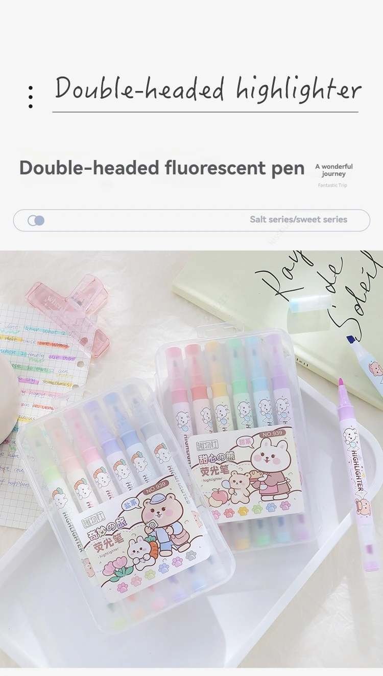 6Pcs/set Double Head Pastel Highlighter Pen kawaii Fluorescent Pen Drawing Highlighters Cute Stationery School Supplies