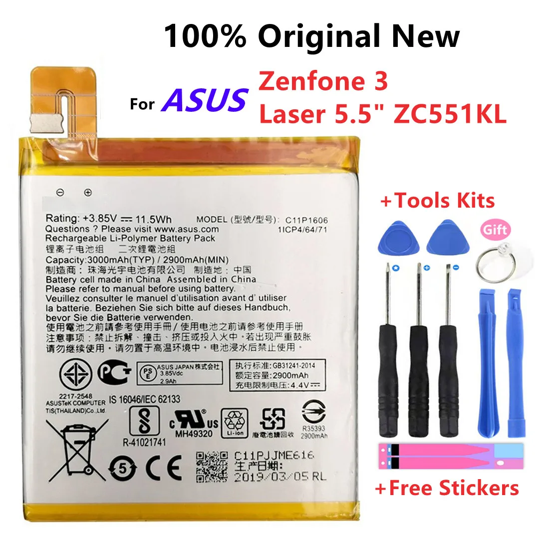 

Original C11P1606 Phone Battery For ASUS Zenfone 3 Laser 5.5" ZC551KL 3000mAh High Capacity Batteries Bateria+Free Tools