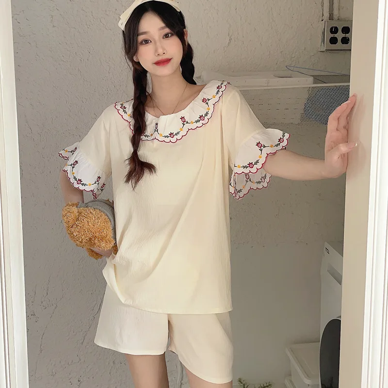 Pajamas Women's Summer Cotton Lace Round Neck Short Sleeve Shorts Home Suit Set Can Be Outworn