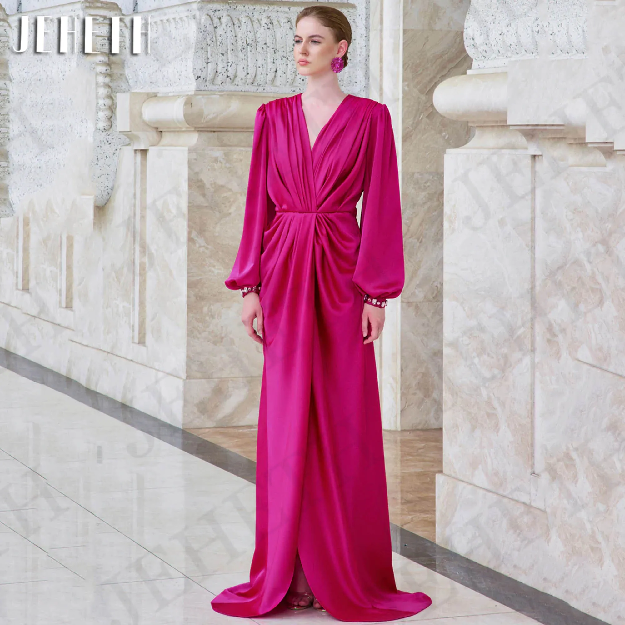 

JEHETH Dubai Long Sleeves Evening Dress Elegant Beading Fuchsia Split V Neck Pleats Party Dresses Women فساتين للمناسبات الرسمية
