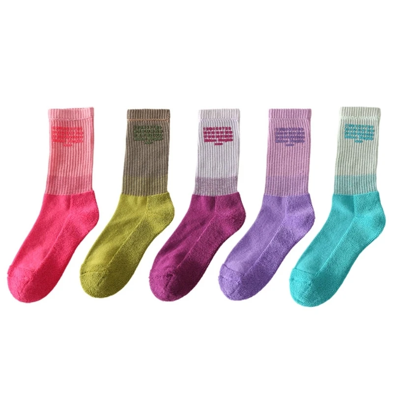 

Women Japanese Cotton Fuzzy Towel Bottom Socks Y2K Harajuku Rubber Number Letter Skateboard Middle Tube Calf Socks
