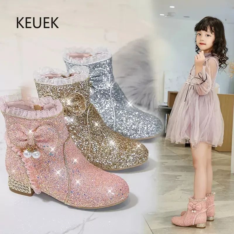

New Girls Boots Autumn Winter Children Princess Pink High Heels Performance Ankle Leather Boots Silver Crystal Baby Kids 03A