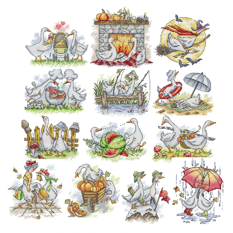 Cross stitch kit Joy Sunday Geese Couple 14CT Printed Cross Stitch Embroidery Kit Print Fabric Craft