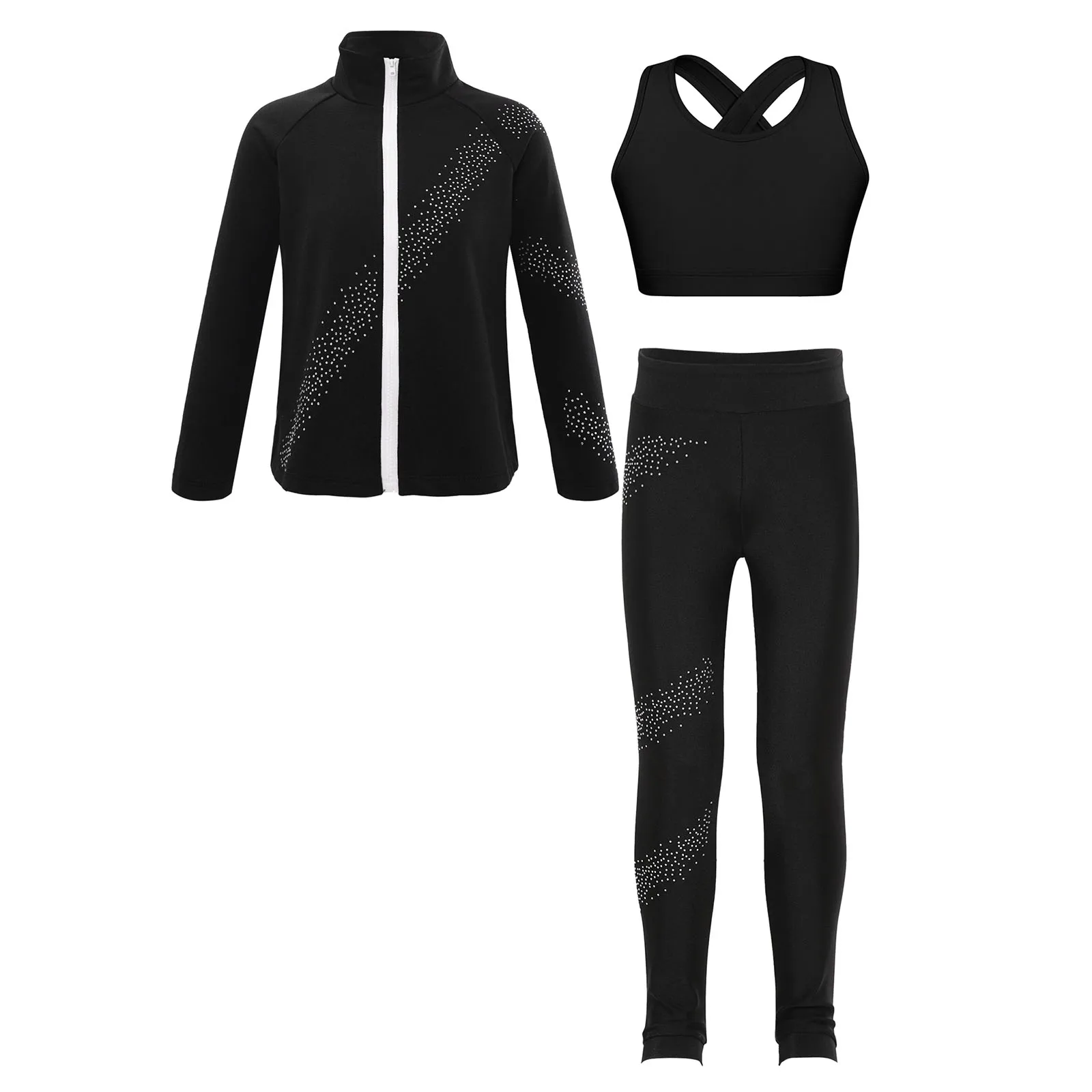 

Kids Girls Gymnastics Dance Costume Set Long Sleeve Zipper Rhinestones Outerwear+Sleeveless Tank Crop Top+Pants for Performance