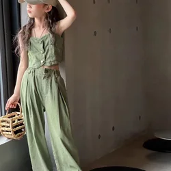 Girls Summer Set 2024 New Versatile Colorful Soft Denim Sling Tank Top Wide Leg Pants Set for Middle and Big Children
