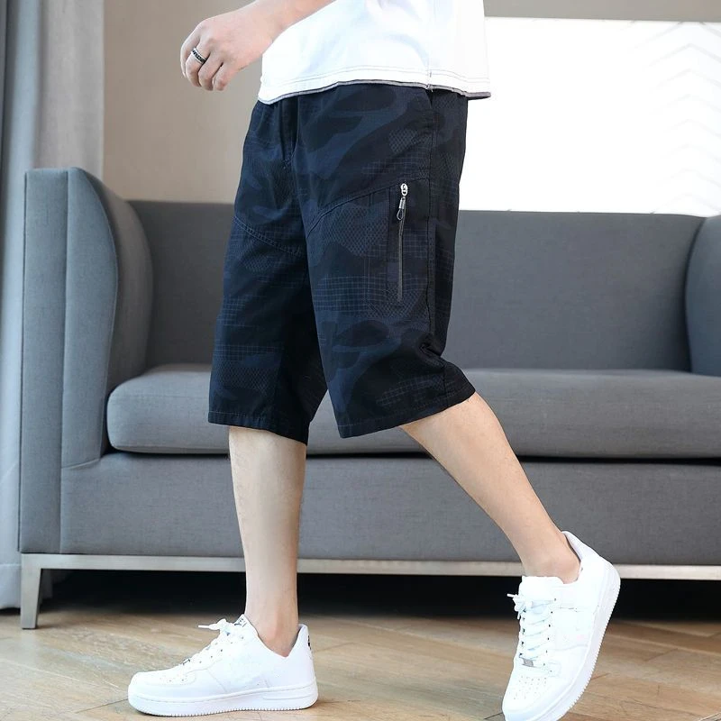 thumbnail image 1 of Pantalones cortos cargo con bolsillos para hombre, bermudas largas con media cremallera para hombre, pantalones cortos de camuflaje de nailon negro, holgados, de lujo, estilo Harajuku, 1 of 5