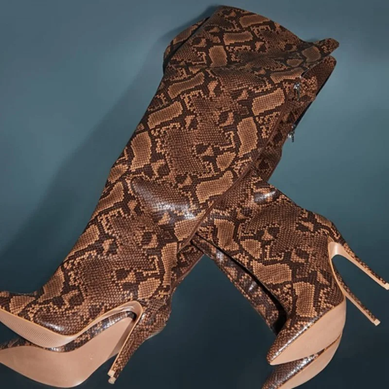 

Sexy Python pattern Wide Calf Long Boots Pointed Toe Thin Heels Snakeskin Leather Thigh High Boots Women Winter Runway Shoes
